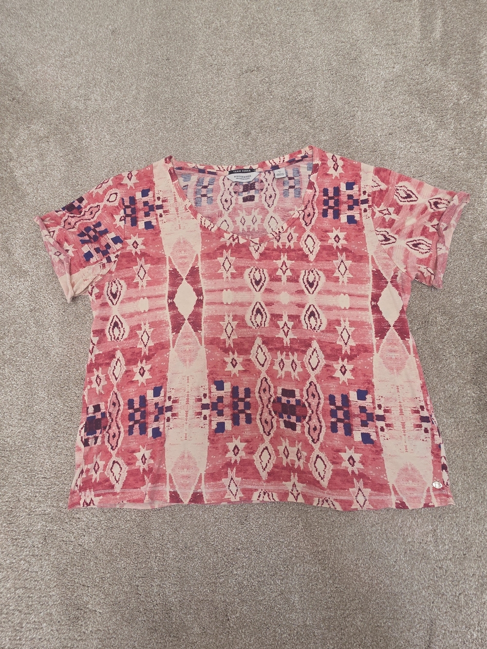 Scotch Soda Pink Ikat Geometric V-Neck Tee Southwestern Aztec Tribal Festival Bo